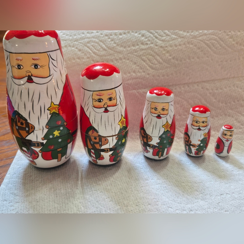 Vintage Wooden  Stacking Santas X 5